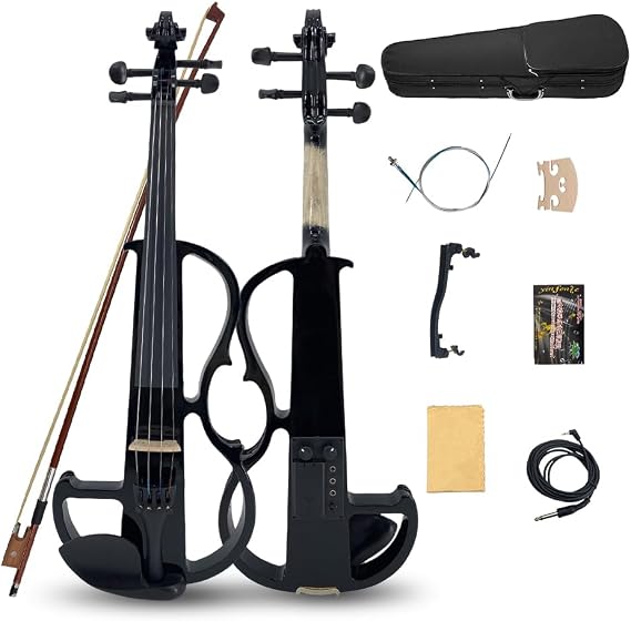 4/4 Full Size Electric Violin Silent Electric Violin with Headphone Jack, Ebony Fittings Includes Case, Bow, Ideal for Practice & Performance (Black)