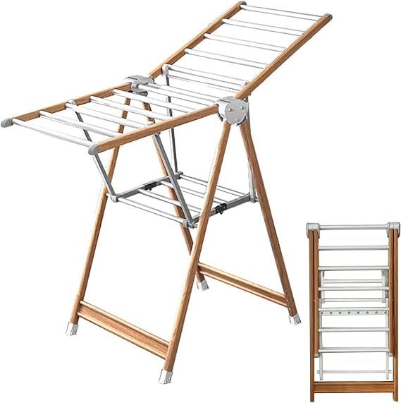 Free-Standing Clothes Drying Rack with Height-Adjustable Gullwings Foldable Floor Aluminum Laundry Rack Clothes Airer with Shoes Rack, Space-Saving