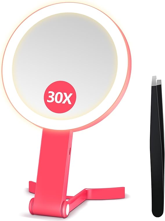 B Beauty Planet Magnifying Mirror with Light, Double Sided 30X/1X Travel Makeup Mirror, 3 Color Lights, Dimmable Touch Screen, Portable Vanity Beauty mirror, Tabletop Handheld Hanging (Rose)