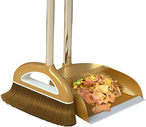 Broom and Dustpan Set, Long Handle Broom with Stand Up Dustpan Combo Set, Light Weight Stainless Steel Poles Stand Upright Dustpans and Broom Set, Broom with Dustpan for Home Kitchen Room