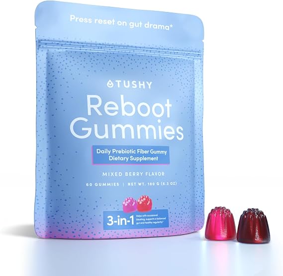 TUSHY Reboot Prebiotic Vegan Fiber Gummies, 60 Count, 30 Day Supply