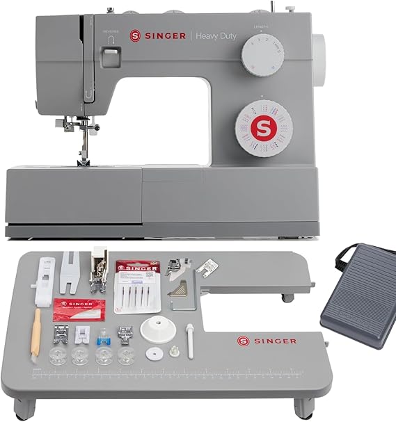 SINGER Heavy Duty Holiday Bundle - 4452 Heavy Duty Sewing Machine with Extension Table & 2 Pressing Feet | Powerful Motor, 110 Stitched Application, Full Metal Frame, 1 Step Button Hole & LED Light