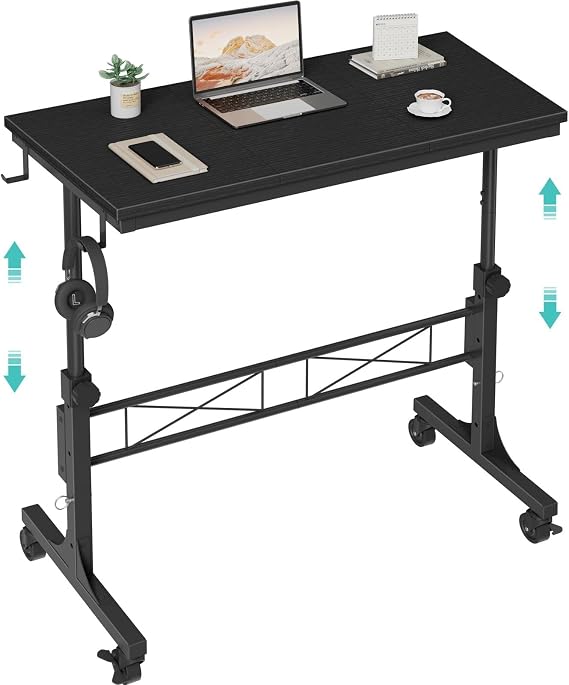 WINAZ Small Portable Rolling Standing Desk - 32 Inch Adjustable Height Mobile Teacher Podium on Wheels for Classroom, Stand Up Desks for Treadmill Walking Pad, Couch Sofa Side Laptop Table, Black