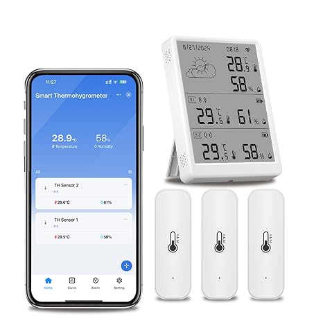 WiFi Hygrometer Thermometer Sensor: Smart Freezer Thermometer, APP Notification Alert, 1 Years Free Data Storage Export, 328 Feet Connecting Range, 3Pack Sensor & Hub Included