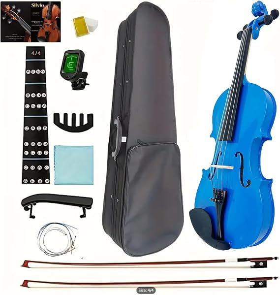 Silvio 4/4 Blue Violin - Full Size, For Beginners, Includes Case, Tuner, Rosin, Shoulder Rest, 2 Bows, Spare Strings, Mute - Black - Suitable for Adults and Beginners