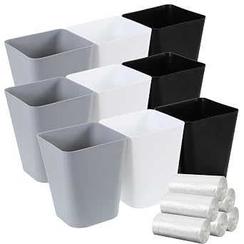 9 Pcs Trash Can with 90 pcs Bags 7.48x7.48x9.1 inches Plastic Garbage Can 2 Gallon Small Wastebasket for Office Bathroom Kitchen -3 Colors