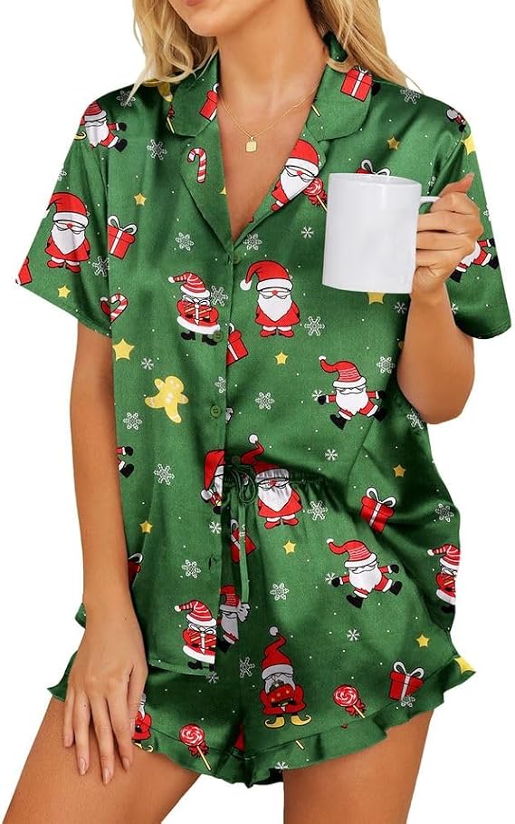 RUEWEY Women Silk Satin Pajamas Set Button Down Shirt Ruffle Shorts Set Christmas Pjs Sleepwear