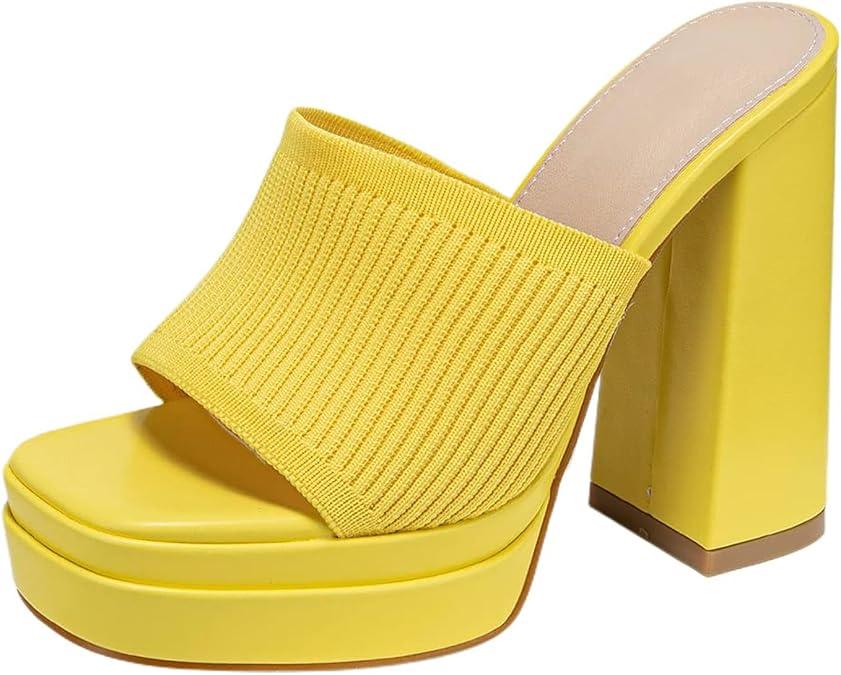 Women's Stretch Knitted Platform Chunky Heels Sexy Sandals Fashion Square Open Toe Block High Heeled Slip-On Y2K Slippers Summer Comfortable Slip On Party Dress Pump Mules Shoes