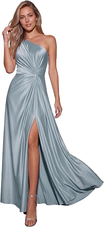Ever-Pretty Women's One Shoulder Satin Bridesmaid Maxi Dress with Slit Formal Evening Gown for Wedding 02725