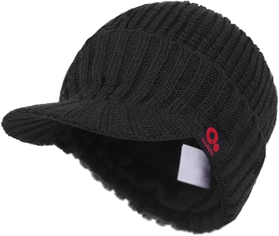 Winter Visor Beanie Brimmed Baseball Cap Fleece Lined Rib Knitted Billed Hat