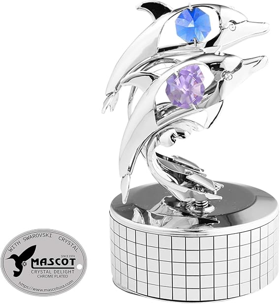 Mascot Chrome Plated Dolphins Music Box w/Mascot Crystals (Blue/Purple) - Romantic Gift for her Birthday, Anniversary, Wedding or Home Decorations