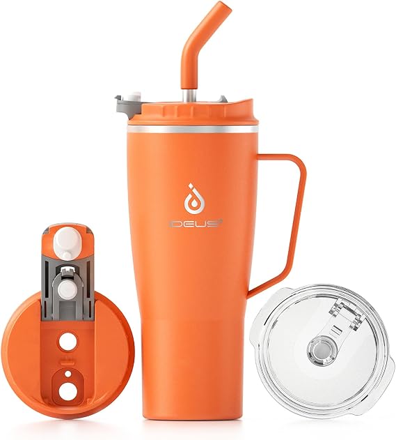 Ideus 32 oz Tumbler with Handle and Straw, Vacuum Insulated Stainless Steel Travel Mug, 100% Leakproof, Cup Holder Friendly, Orange