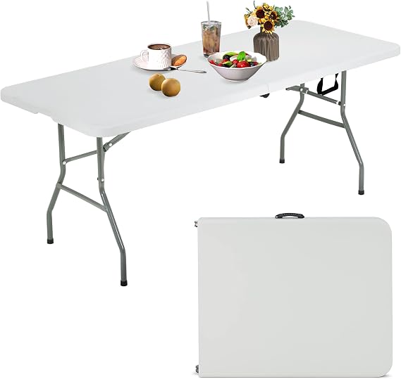 Folding Table,6 Foot Plastic Table,Foldable Camping,Party Table,Powder-Coated Steel Legs Indoor Outdoor,Portable for BBQ,Weddings,Camping,Garden,Dining,Fold-in-Half,White