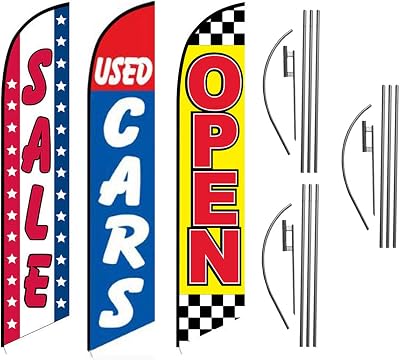 Sale Used Cars Open Checkered 15ft Advertising Feather Flag Kits Package, Includes 3 12ft Banner Flags, 3 14ft Flag Poles, and 3 Ground Stakes by FFN