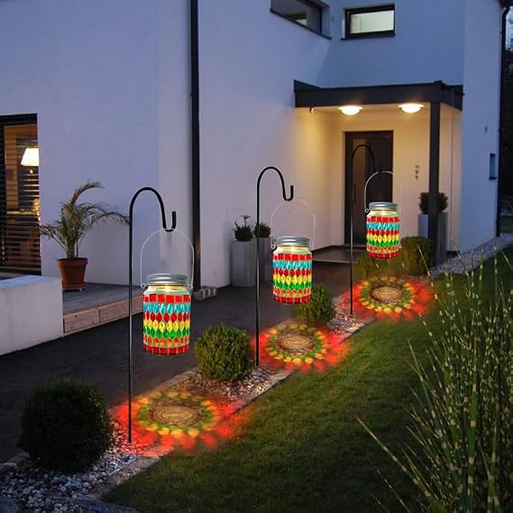 Masic Mosaic Solar Mason Jar Lantern, Decorative Garden Light with Shepherd's Hook, Multi-Coloured LED, 35 cm