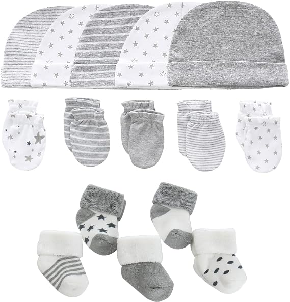 MAMIMAKA Newborn Baby Boy Girl Caps Mittens Socks Set Cotton Baby Essentials Accessories (Hats+Gloves+Socks)