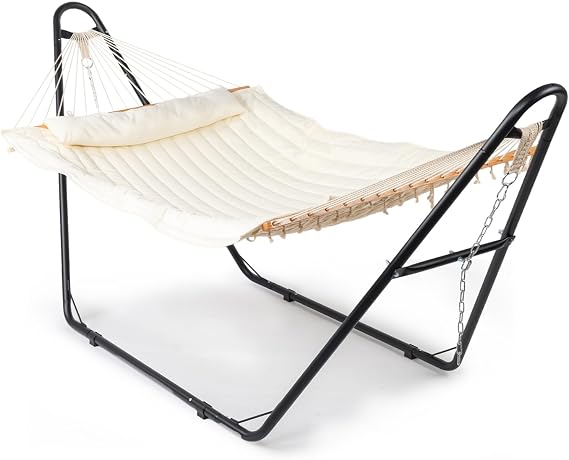 Hammock with Stand, Double-Barrel Hammock with Hammock Bed, Heavy Duty Adjustable Hammock Set for Outdoors, Patio, Yard, Garden, 550 LBS (Beige)