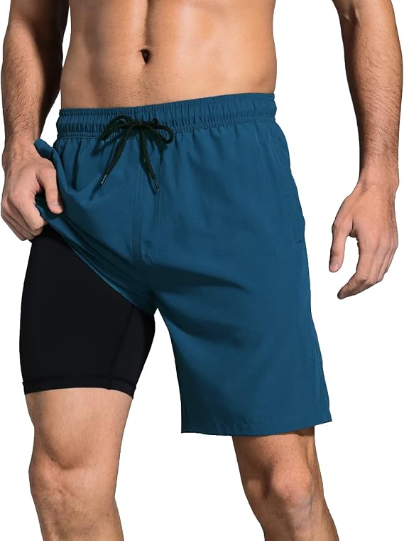 Mens Swim Trunks Comfortable Compression Liner Swim Shorts Zipper Pockets Quick Dry 7" Inseam Bathing Suit Swimsuits