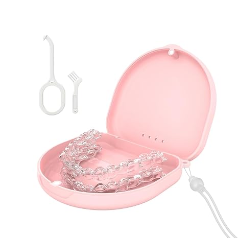 Retainer Case, Slim Aligner Cases for Invisalign, Mouthguard Case with Removal Tools& Aligners Chewies& Brush, Cases with Ventilation Holes and Silicone Wrist Strap for Portable Travel (Pink)