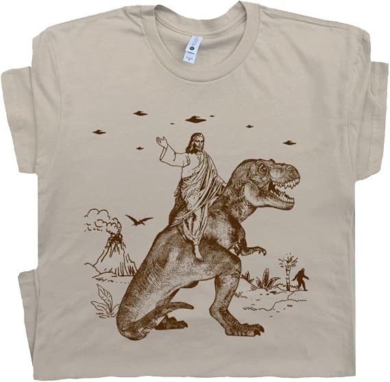Jesus Riding Dinosaur T Shirt Funny Offensive Fun T-Rex Vintage Graphic Tee
