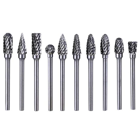 ASNOMY Double Cut Carbide Rotary Burr Set - 10 Pcs 1/8" Shank, 1/4" Head Length Tungsten Steel for Die Grinder Drill, Metal Carving,Polishing,Engraving,Drilling