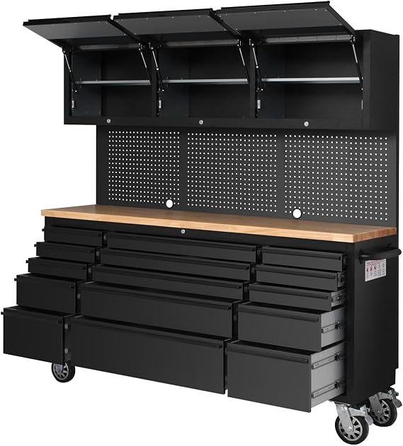 75" Tool Chest Tool Box, Heavy Duty Tool Chest Cabinet with 15 Drawers and 3 Upper Cabinets Combination Tool Cabinet, Large Tool Bench Organizer with Wood Top and Pegboard for Garage, Black