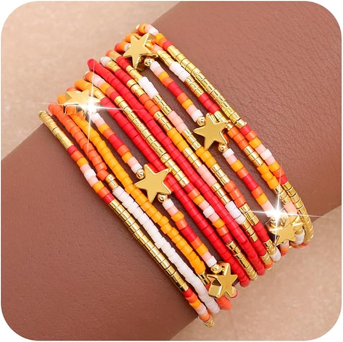 Gold Seed Beaded Bracelets Set for Women, Boho Handmade Friendship Stretch Summer Beach Jewelry Gift.