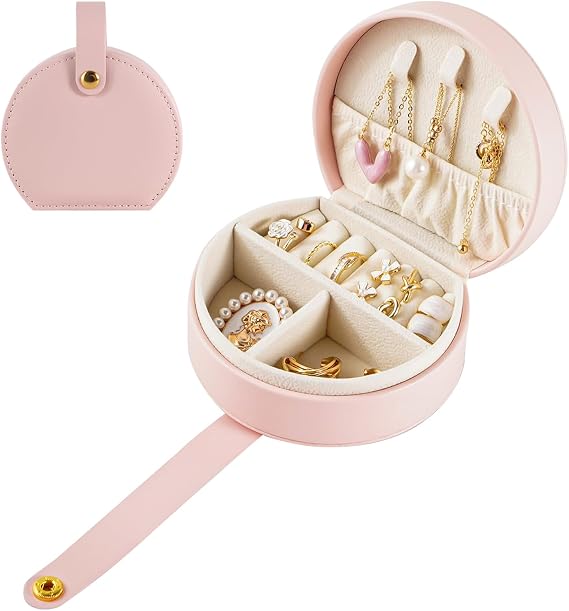 Travel Jewelry Case Box,PU Leather Small Jewelry Organizer for Women Girls, Portable Jewellry Storage for Stud Earrings Rings Necklaces Bracelets (Pink)
