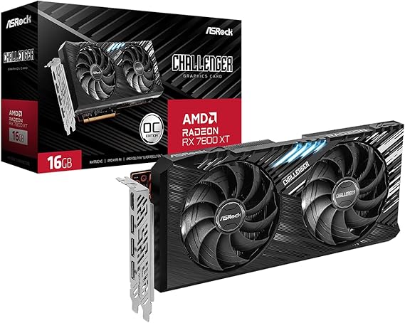 ASRock Radeon RX 7800 XT Challenger 16GB OC Graphics Card, RDNA 3, 2475MHz Boost, 16GB GDDR6 256-bit, PCIe 4.0, Dual Fans, 0dB Silent, LED Indicator