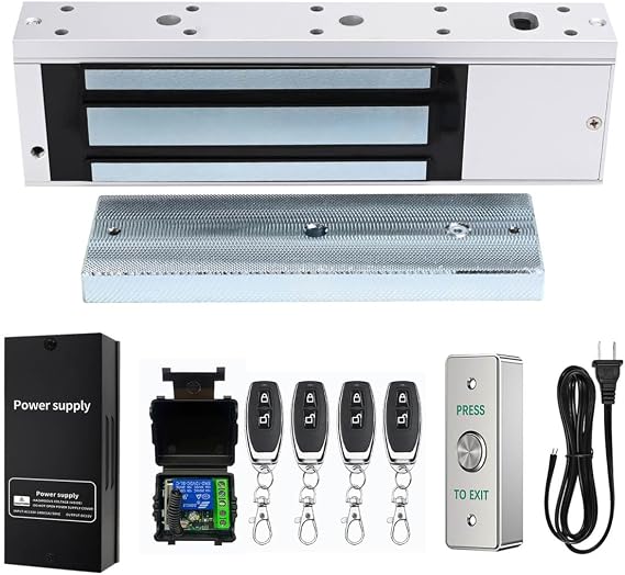 Door Access Control System 1200lbs Magnetic Lock Kit with 4 Remote Controls Stainless Steel Exit Button