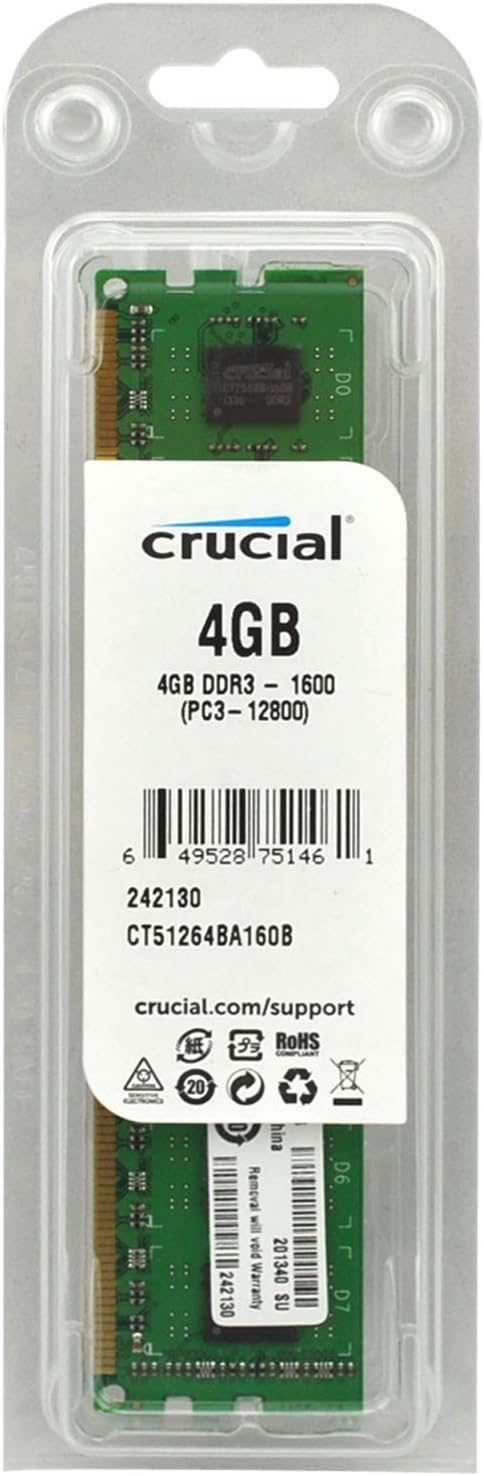 Crucial 4GB Single DDR3 1600 MT/s PC3-12800 CL11 Unbuffered UDIMM 240-Pin Desktop Memory Module CT51264BA160B