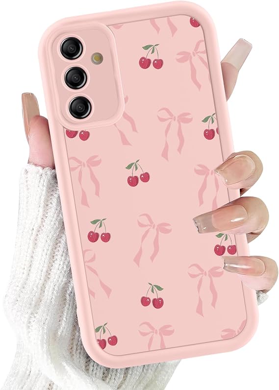 Phoona Case for Samsung Galaxy A56 6.7", Cute Aesthetic Design Bow Cherry Preppy Pattern, Silicone Soft TPU Shockproof Protective Camera Cover Phone Case for Girls Women, Pink Bow