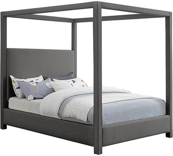 BOWERY HILL Contemporary Grey Linen Textured Fabric Queen Bed, 67" W x 87" D x 78" H, Mid-Century Modern Style Canopy Bed, Sturdy Wooden Frame, Foam Construction, Cozy Bedroom Furniture