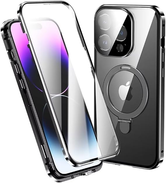 iPhone 15 Pro Max用ケース Magsafe対応 磁気吸着+安全ロック リングスタンド アルミバンパー 強化ガラススクリーンプロテクター iPhone15Promax, ブラック