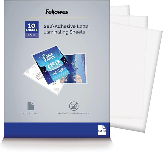 Fellowes Self-Adhesive Laminating Sheets, Letter Size, 3 Mil, 10pk