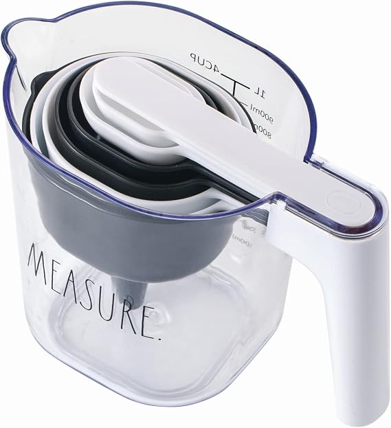 Rae Dunn Measuring Cup Set - 9 PC. Nesting Stackable Liquid Measure Cup, Dry Measuring Cups and Spoons with Funnel and Scraper - Nesting and Clicks Together for Easy Storage (Multi)