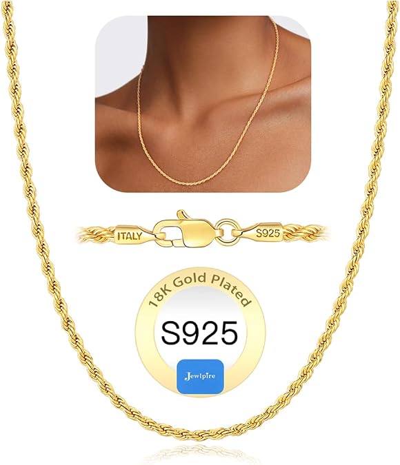 Jewlpire 2mm Rope Chain 18k Gold Plated 925 Sterling Silver Chain Necklace for Women, Sturdy & Comfortable Women's Chain Necklaces, 16 18 20 22 24 26 Inch