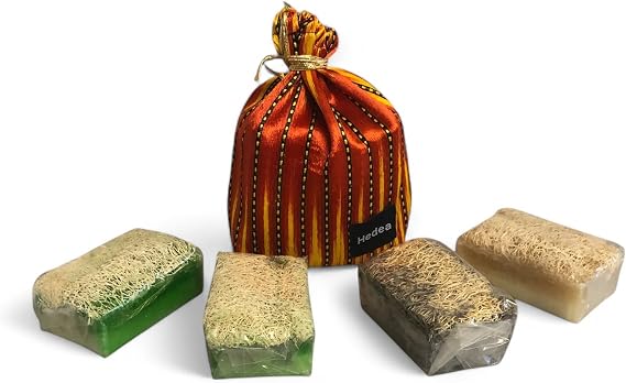 Ottoman Sultan 4-Piece Fiber Soap Set - Tea Tree, Basil, Volcano Ash, Clay - With Sultan's Pouch