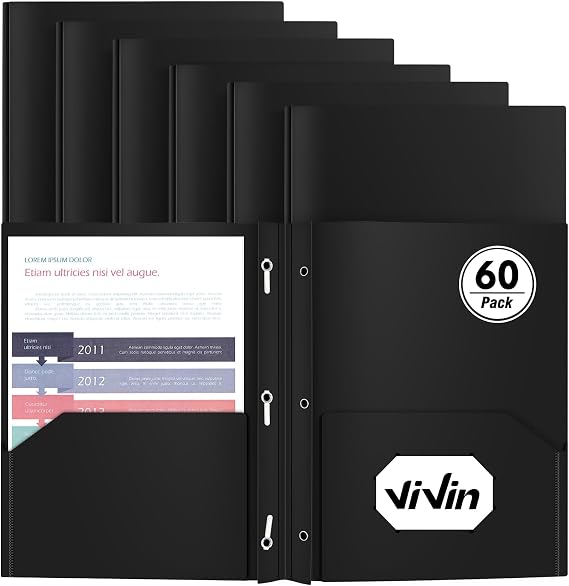 Vivin Heavy Duty Plastic Folder (60 Pack, Black) | Pocket Folder with brads, Letter Size Poly File, Plastic Folders with 3 Prongs Fasteners