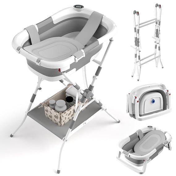 Baby Bathtub with Stand, 2-in-1 Collapsible Bath Tubs for Newborn to Toddler, Infant Bathtub with Folding Stand, Portable Bathtub for Baby Including Soft Cushion, Storage Pad (Gray-new)