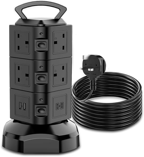 10 Way Tower Extension Lead 2M with 4 USB Slots (2 USB C) Multi Plug Socket