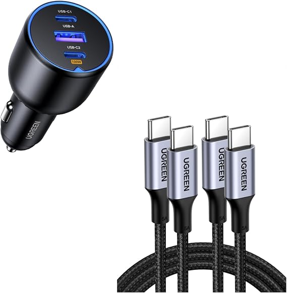 UGREEN 130W 3-Port USB C Car Charger Bundle with 100W 2-Pack 3.3FT USB C Cable