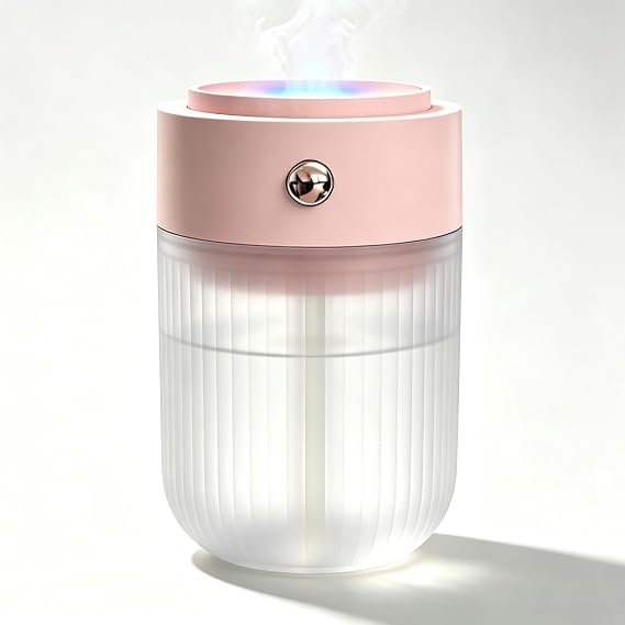 Portable Mini Humidifier for Bedroom, 250ml USB Cool Mist Humidifiers with Colorful Night Light, Humidifiers for Bedroom, Office, Car Travel & Indoor Plants (Pink)