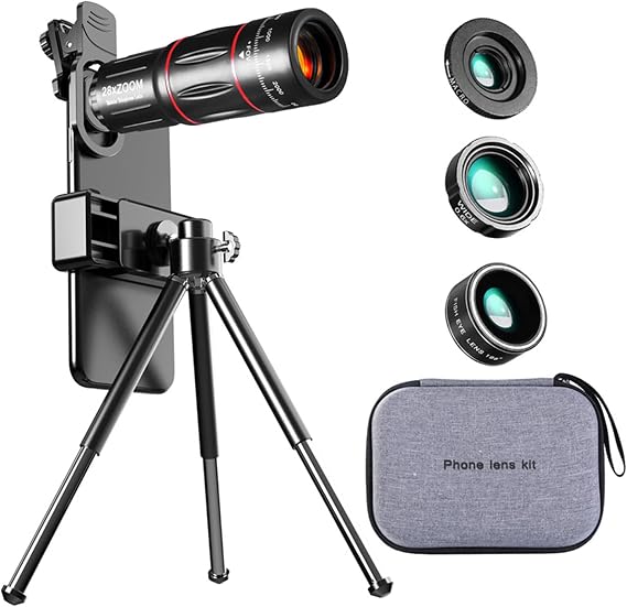 Phone Camera Lens Kit, 4 in 1 Phone Lens Kit with 28X Telephoto Lens, 198° Fisheye Lens, 0.6X Wide Angle Lens, 20X Macro Lens, Clip, and Tripod, for Most Smartphone