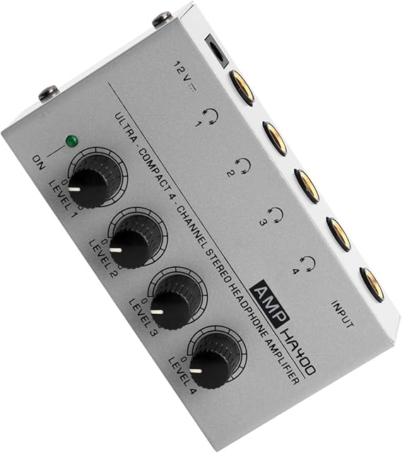 Headphone Amplifier with Audio Cable, HA400 4-Channel Metal Stereo Audio Amplifier, Mini Earphone Splitter W/ 1/4" TRS & DC 12V Power Adapter, for Sound Mixer PC Guitar Studio Stage (Gray)