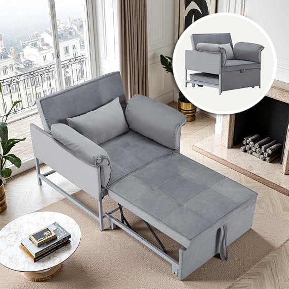 34.3 Velvet PullOut Couch Bed Single Sleeper Sofa Folding Sofa Bed Chair for Small Spaces, Office or Guest Room (Grey, 1 - Seats)