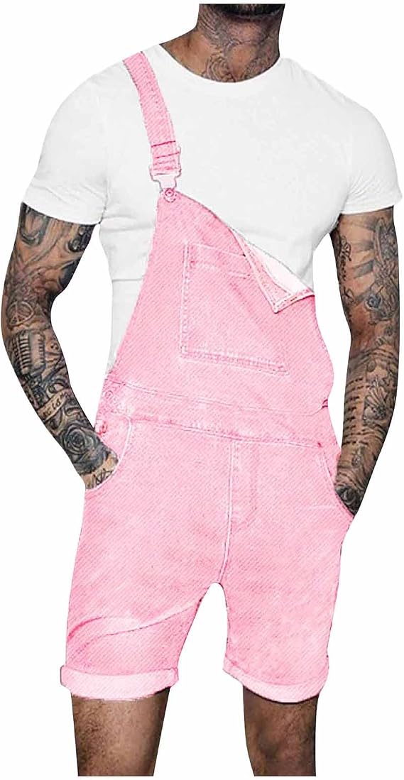 Ymosrh Mens Shorts Mutil Pocket Jeans Overall Jumpsuit Streetwear Suspender Pants Shorts
