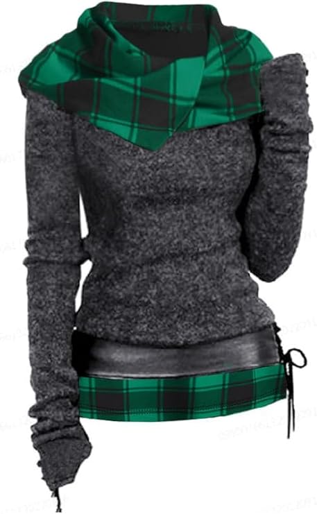 DRESSFO 2024 Women's Knit Hooded Color Block Plaid Shirt Sweatshirt Pullover Sweatshirt Top With Lace-up Belt