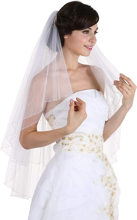 SAMKY 2T 2 Tier Handmade Clear Crystal Beaded Edge Bridal Wedding Veil