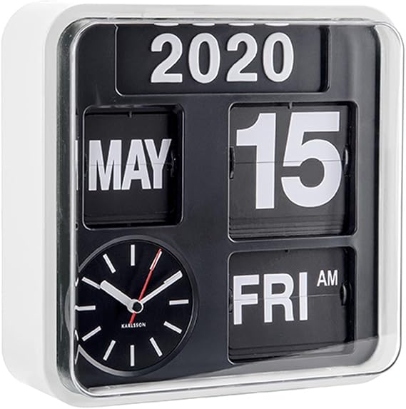Karlsson KA5364WH - Mini-Wanduhr mit Kalender - Fallblattanzeige - Weiß